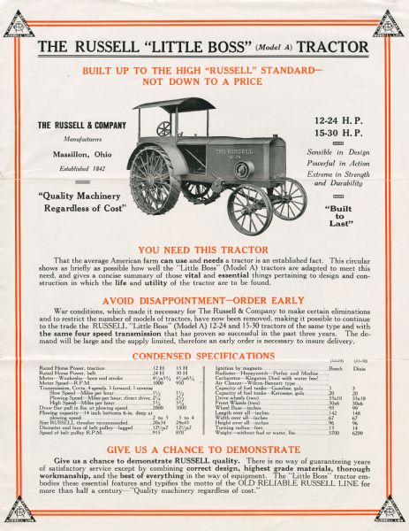 Interior spread of a pamphlet produced by Russell & Company to advertise the Russell "Little Boss" (Model A) tractor. The advertisement features an illustration of the tractor at top center and informative details and specifications below.