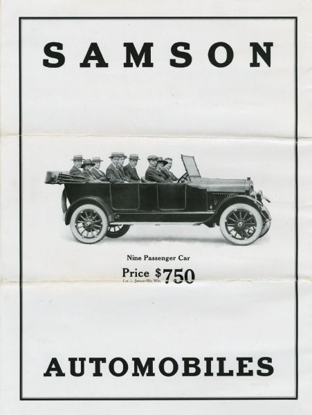 Advertisement for the Samson nine-passenger automobile featuring a photograph of men and women sitting in the car.