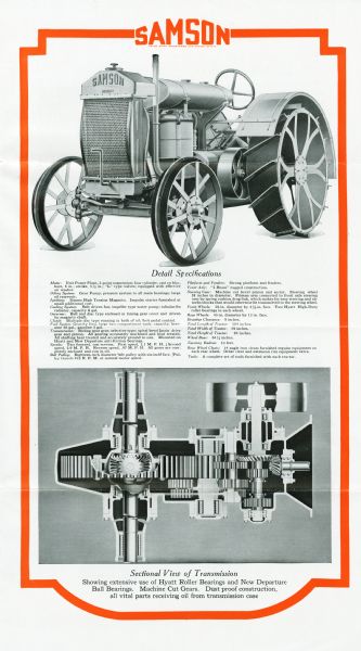 Interior spread of a pamphlet advertising Samson tractors. The pages feature an illustration of the tractor and a sectional view of the transmission, along with a listing of equipment specifications.