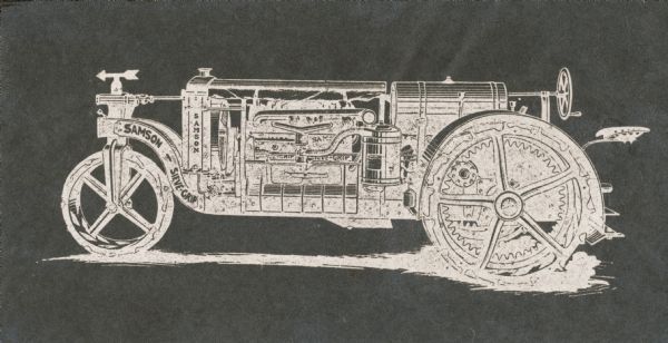 Photostat negative image of a Samson Sieve-Grip 12-25 horsepower tractor as seen from the left side.