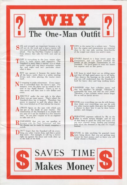 Interior spread of a mailer advertising the Standard tractor, produced by the Standard Tractor Company of St. Paul, Minnesota. Includes the text: "why the one-man outfit saves time, makes money."