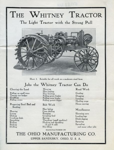 Advertisement for the Whitney Tractor, produced by the Ohio Manufacturing Company. The advertisement features an illustration of the tractor along with a listing of jobs the equipment is capable of.
