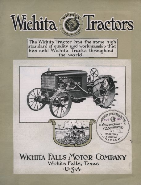 Front cover of a booklet produced by the Wichita Falls Motor Company to advertise their line of Wichita tractors. The cover features a three-quarter illustration towards the front left of the tractor, as well as a man using the tractor in a farm field.