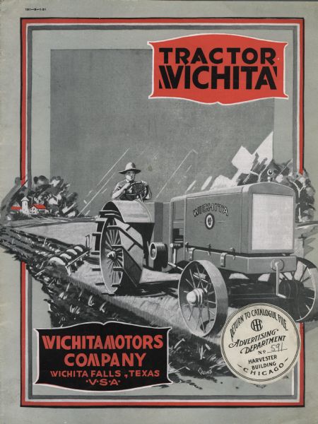 Cover of a Spanish-language booklet advertising Wichita tractors, featuring an illustration of a man using a tractor and disk harrow in a farm field.