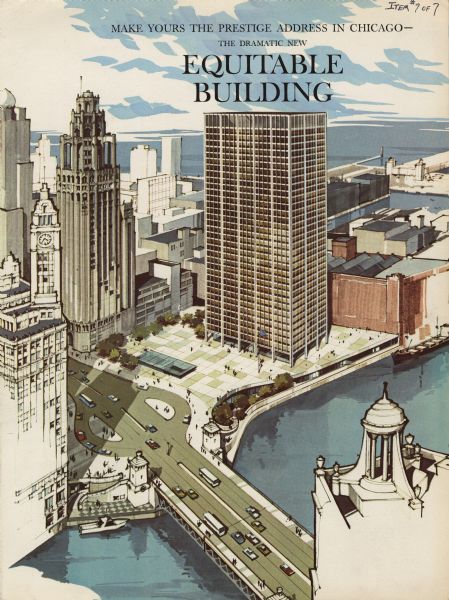 Artistic rendering of the Equitable Building at 401 N. Michigan Avenue. Includes the text "make yours the prestige address in Chicago — the dramatic new Equitable Building." The building served as the headquarters of the International Harvester Company from 1965 to about 1990.