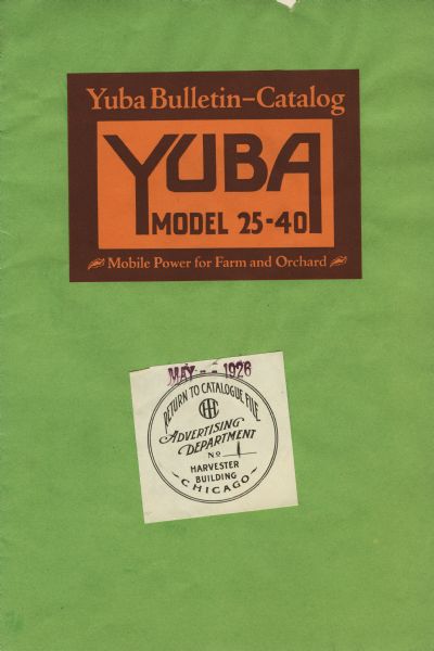 Front cover of a booklet produced by the Yuba Products Company to advertise the Yuba Model 25-40 tractor.