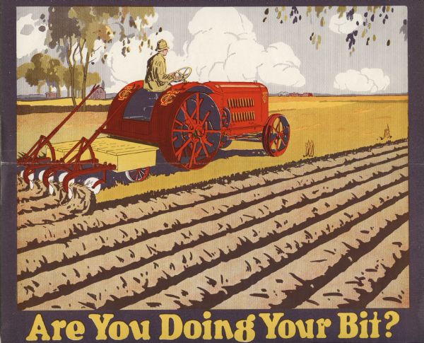 Interior of a brochure advertising "Twin City" kerosene tractors featuring a color illustration of a man using the tractor and a disc harrow to plow a field, along with the text: "Are You Doing Your Bit?" The tractors were produced by the Minneapolis Steel & Machinery Company and available in 16-30, 25-45, 40-65, and 60-95 sizes.