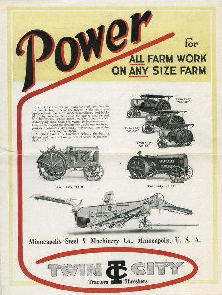 Advertisement for Twin City tractors and threshers, produced by the Minneapolis Steel and Machinery Company. The text on the advertisement reads: "Power for All Farm Work on Any Size Farm."