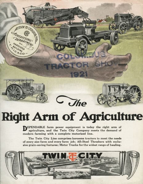 Advertisement for Twin City Power Farming and Equipment featuring the text "The Right Arm of Agriculture" and an illustration of a farmer's arm beside illustrations of tractors and a thresher.