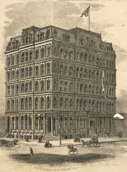 Newspaper engraving of the building at Randolph and Dearborn Streets that served as the McCormick General Office from 1879 to 1885. An American flag flies from the top of the building and pedestrians and horse-drawn carriages pass on the street.