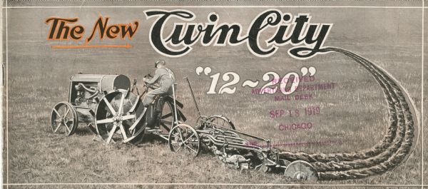 Front cover of a booklet advertising the Twin City 12-20 tractor. The cover features an illustration of a man using a tractor and plow to work in a farm field.