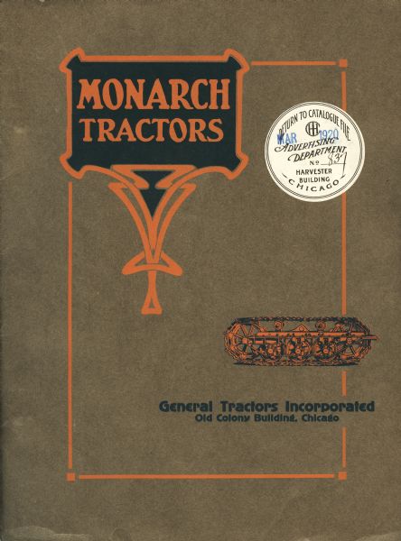 Front cover of a booklet advertising Monarch tractors, produced by General Tractors Incorporated of Chicago.