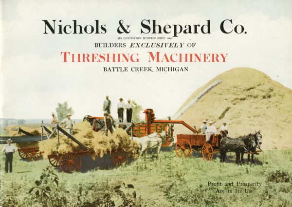Front cover of a booklet advertising Nichols & Shepard Company threshing machinery featuring a color illustration of farmers using a Red River Special thresher in a field, surrounded by horse-drawn wagons.