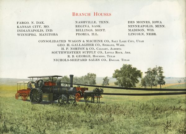 Back cover of a booklet advertising Nichols & Shepard Company threshing machinery, which  features a color illustration of a tractor powering a threshing machine (visible on the front cover) by way of a belt.