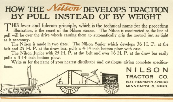 Interior fold of a pamphlet advertising the Nilson Senior and Junior tractors.