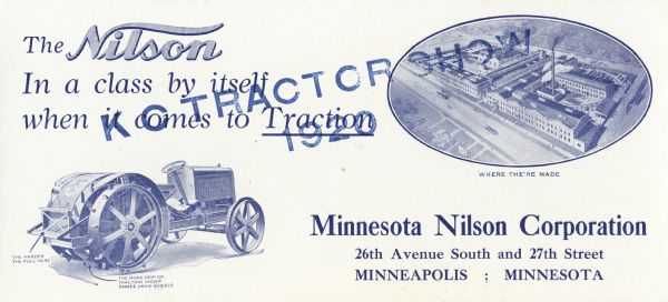Advertisement for the Nilson tractor featuring an illustration of the tractor and an elevated view of the Nilson factory in Minneapolis, Minnesota.