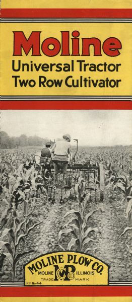Moline brochure advertising the Universal tractor and two-row cultivator. The brochure features a photograph of a man using the equipment in a cornfield.