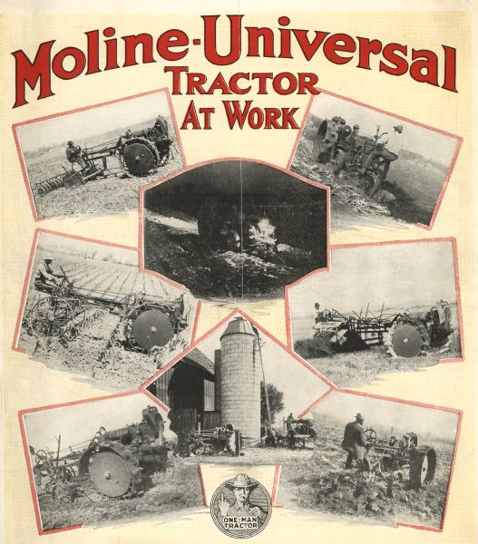 Interior pages of a pamphlet advertising the Moline-Universal tractor featuring photographs of the tractor at work on farms.
