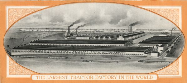 Back cover of a brochure advertising Moline Universal tractors. The text beneath an illustration of the Moline Plow Company factory reads: "The Largest Tractor Factory in the World."