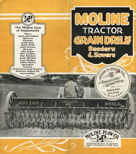 Exterior pages of a brochure advertising Moline agricultural equipment, including tractors, grain drills, seeders, and sowers. The brochure features a photograph of a man using a Moline grain drill in a farm field.