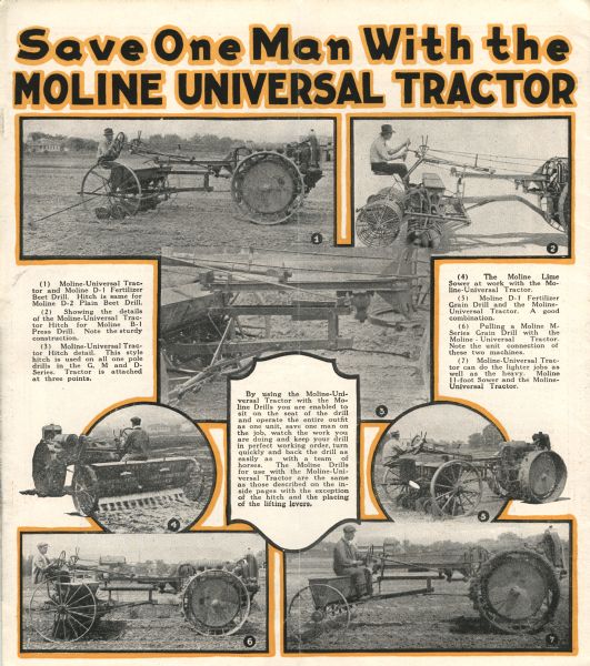 Interior pages of a brochure advertising the Moline Universal tractor. The brochure features photographs of men using the tractor, along with captions describing the tractor features and attachments.