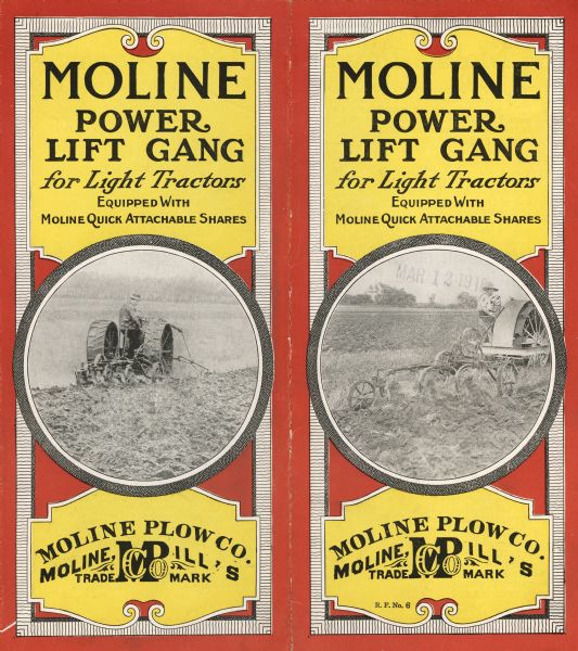 Exterior pages of a brochure advertising the Moline power lift gang for light tractors. The brochure features two illustrations of men using the equipment in farm fields.