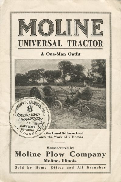 Front cover of a booklet advertising the Moline Universal tractor. The cover features a photograph of a man using the tractor and disc harrow in a field. The text surrounding the image reads: "A One-Man Outfit" and "... the Usual 5-Horse Load Does the Work of 7 Horses."