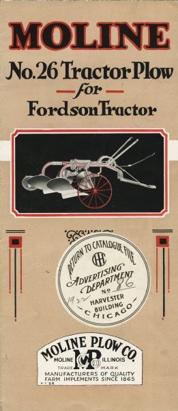 Front cover of a pamphlet advertising the Moline No. 26 tractor plow for the Fordson tractor. The pamphlet features a color illustration of the plow surrounded by a decorative border.
