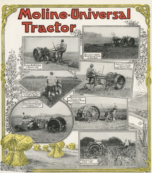 Interior pages of a pamphlet advertising the Moline-Universal tractor, featuring photographs of men using the equipment in farm fields in different states (Kansas, New York, Texas, etc.), surrounded by an illustrated border.