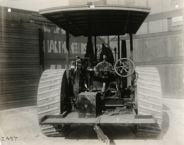 Rear view of a 20-horsepower tractor, possibly built by the Ohio Manufacturing Company.