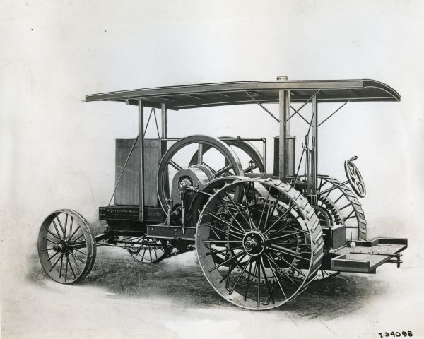 Three-quarter illustration from left side of a tractor prototype, possibly built by the Ohio Manufacturing Company.