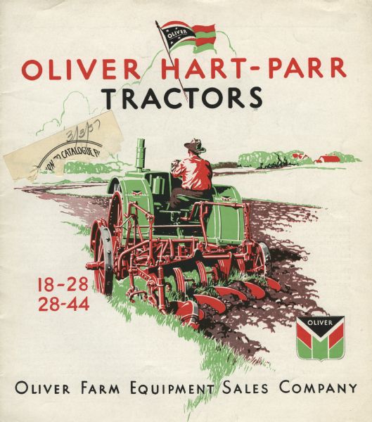 Front cover of a booklet advertising Oliver Hart-Paar tractors featuring a color illustration of a farmer using a tractor and plow in a field.