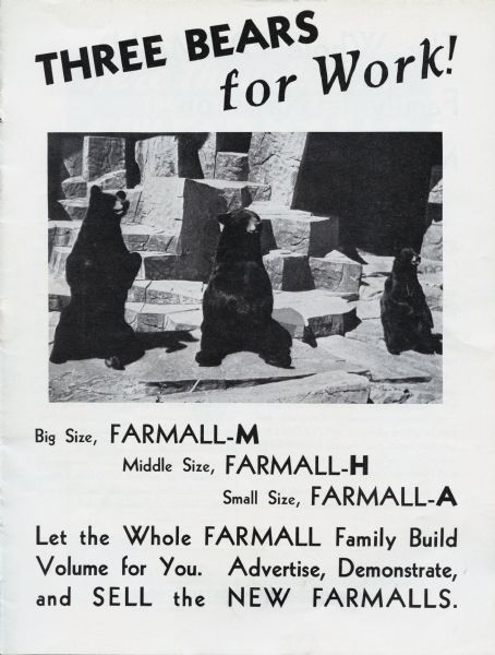 Sales flyer for International Harvester's Farmall tractor line, showing a photograph of three bears and the text: "Three Bears for Work!" Also includes the text: "Big Size, Farmall-M, Middle Size, Farmall-H, and Small Size, Farmall-A."