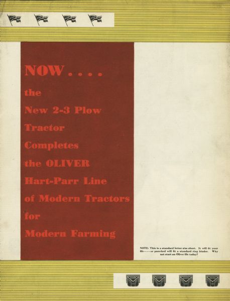 Front cover of an advertising booklet produced by the Oliver Farm Equipment Company to showcase the Oliver Hart-Parr 2-3 plow tractor.