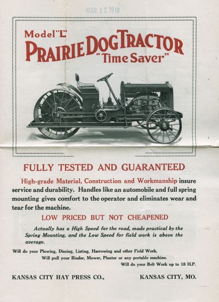 Pamphlet advertising the Model L Prairie Dog Tractor produced by the Kansas City Hay Press Company.