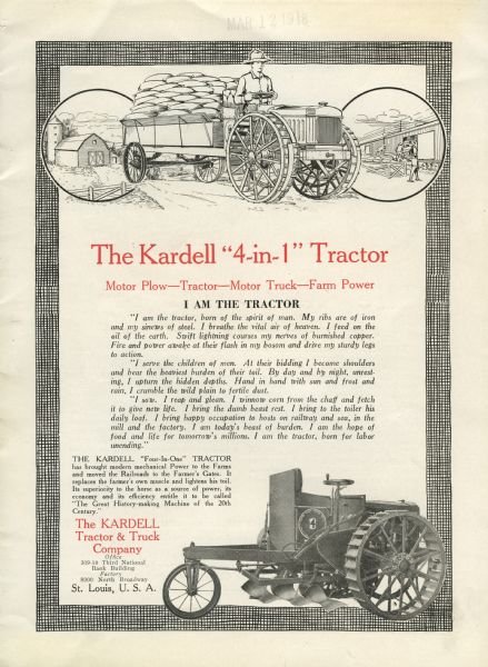Pamphlet advertising the Kardell 4-in-1 tractor, featuring a photograph of the machinery as well as inset illustrations of the tractor in use on a farm.