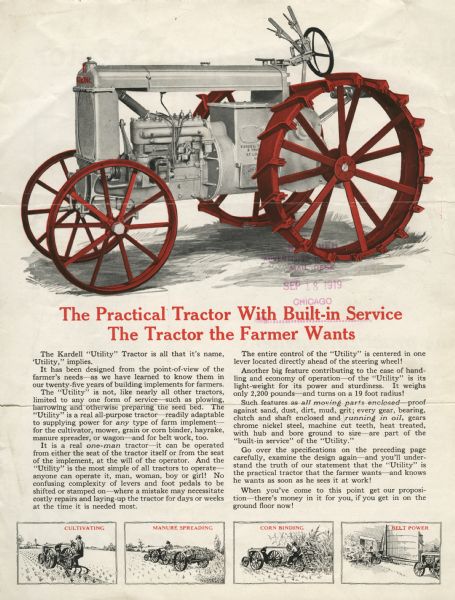 Advertisement for the Kardell Utility tractor featuring a color illustration of the tractor along with illustrations of the equipment being used for cultivating, manure spreading, corn binding, and belt power.