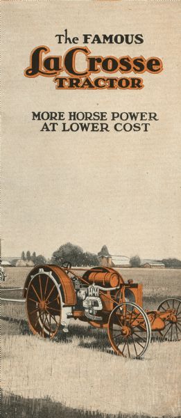 Front cover of a pamphlet advertising "The Famous La Crosse Tractor." The cover features a color illustration of a tractor in a farm field with farm buildings in the background.