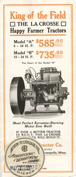 Front cover of a pamphlet advertising LaCrosse "Happy Farmer Tractors." The pamphlet features an illustration of a kerosene-burning engine and lists the prices of the Model A tractor as $585 and the Model B as $735.