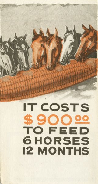 Front cover of a pamphlet advertising the La Crosse Happy Farmer tractor featuring a group of horses eating an oversized cob of corn. The advertisement argues the advantages of tractor-power over horse-power.