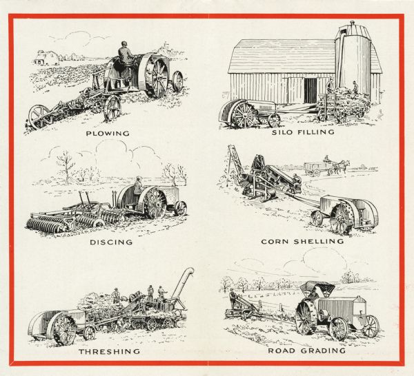 Inside pages of a pamphlet advertising the Lauson tractor, depicting six usages of the equipment on a farm: plowing, silo filling, discing, corn shelling, threshing, and road grading.