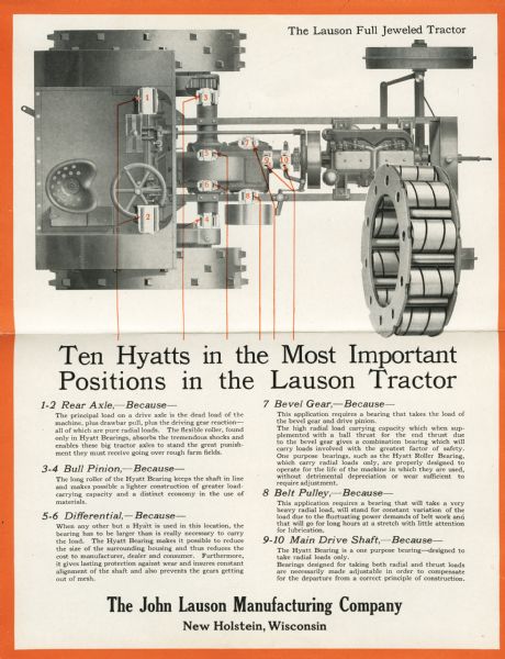 Inside of a pamphlet advertising the Lauson Full Jeweled tractor entitled: "Ten Hyatts in the Most Important Positions in the Lauson Tractor."