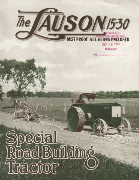 Front cover of a pamphlet advertising the Lauson 15-30 special road-building tractor. The cover features a partial color illustration of two men using a Lauson tractor and road grader to smooth a rural dirt road.