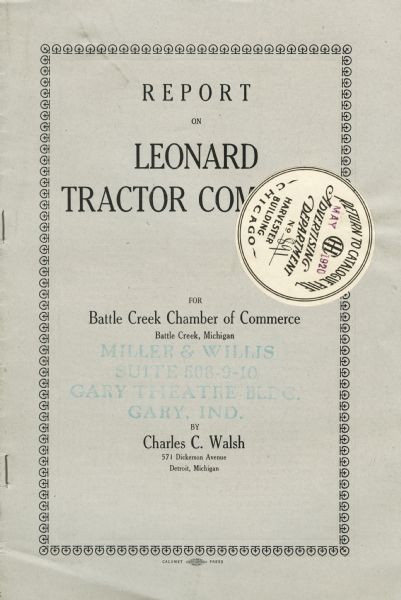 Front cover of a report on the Leonard Tractor Company for the Battle Creek Chamber of Commerce by Charles C. Walsh.