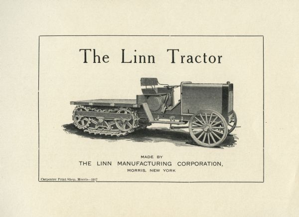 Title page of a pamphlet advertising the Linn Tractor featuring a right side view illustration of the machine.