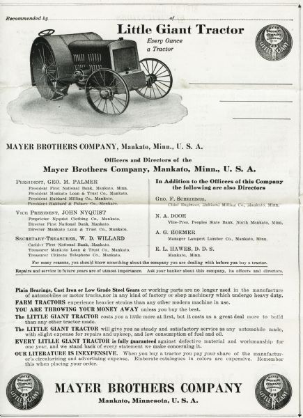 Advertisement for the Little Giant Tractor produced by the Mayer Brothers Company of Mankato, Minnesota. An illustration of the tractor is featured at the top of the page above paragraphs of descriptive text.