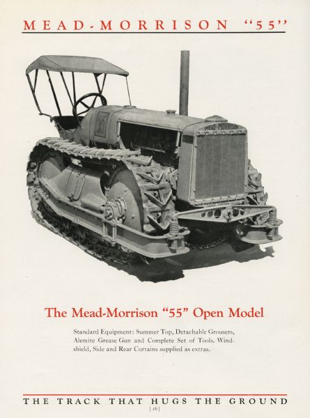 Page in the Mead-Morrison Catalog No.26 advertising the 55 open model tractor, which is a crawler-type. The text reads: "Standard Equipment: Summer Top, Detachable Grousers, Alemite Grease Gun and Complete Set of Tools. Wind-shield, Side and Rear Curtains supplied as extras."