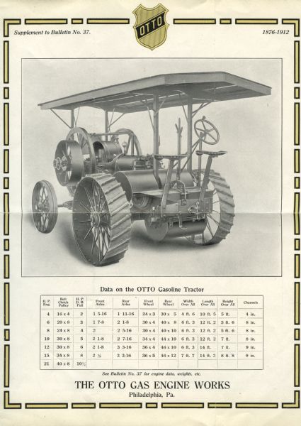 Three-quarter illustration from the back of the Otto gasoline tractor. Beneath the illustration is a chart detailing specifications on versions of the tractor.