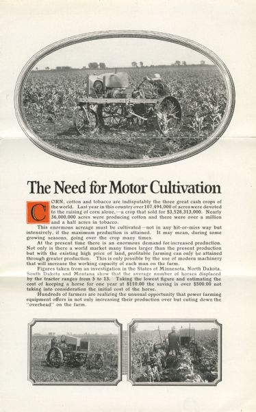 Interior pages of a pamphlet advertising the Parrett tractor titled: "The Need for Motor Cultivation." The pamphlet features three photographs of the tractor at work in farm fields, along with a block of descriptive text.
