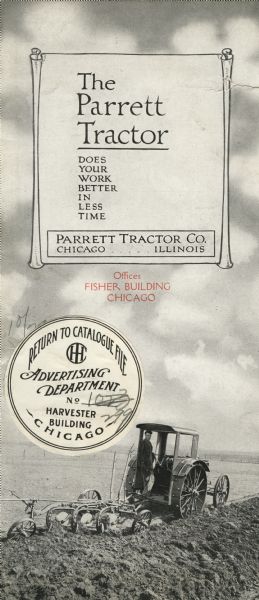 Front cover of a brochure advertising the Parrett tractor, featuring a photograph of a man using the tractor and plow in a field.